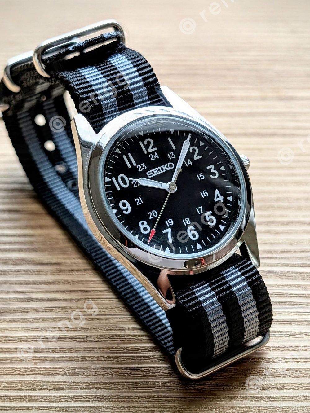 Seiko Mens Black Dial Field Watch with Black & Gray NATO Strap